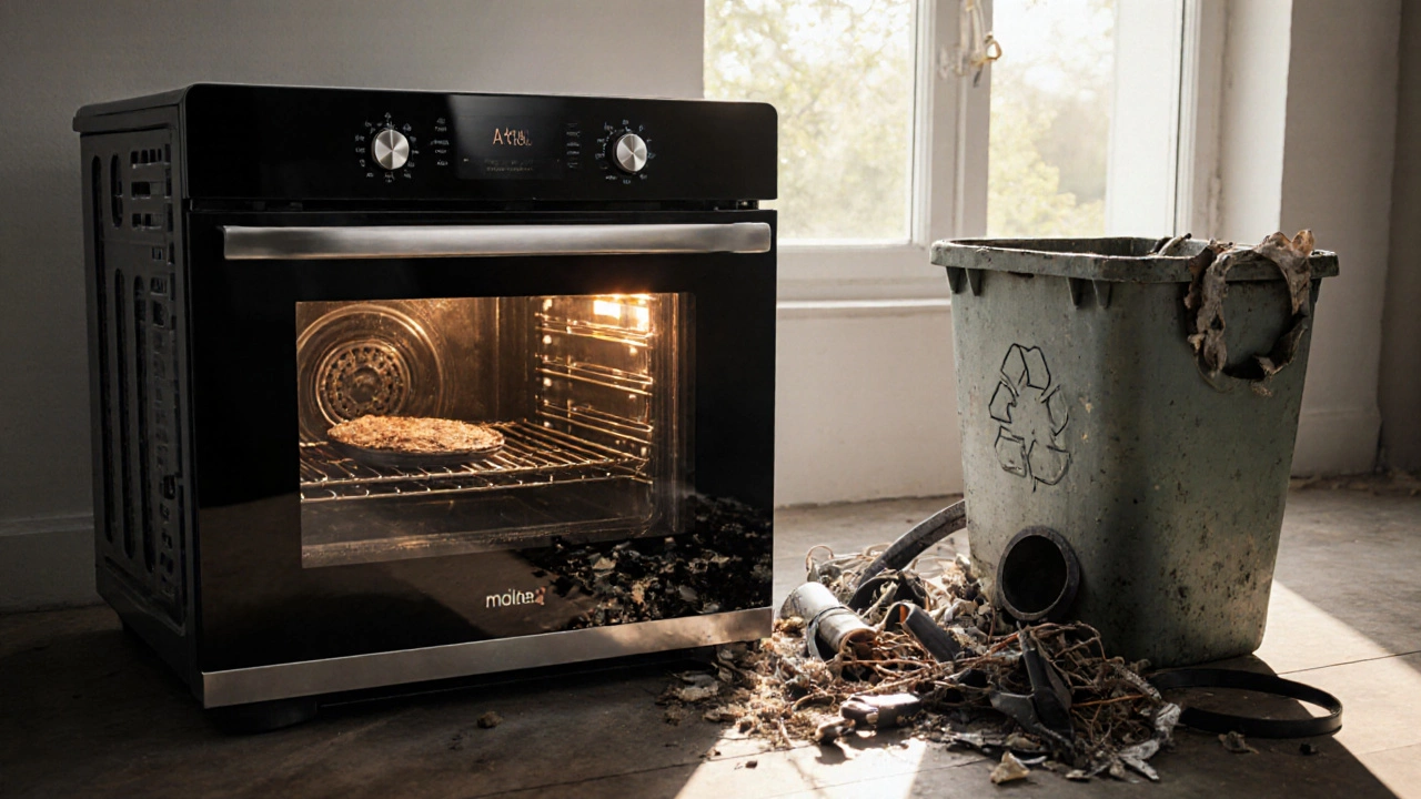 Modern energy-efficient oven next to discarded old parts, symbolizing upgrade and safety.