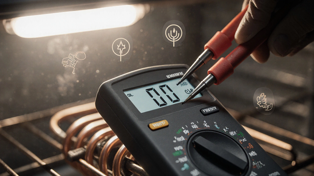 Multimeter showing &#039;OL&#039; reading while testing an oven element&#039;s terminals.