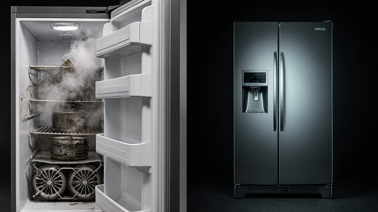 Side-by-side of an old, dusty refrigerator and a modern energy-efficient model.