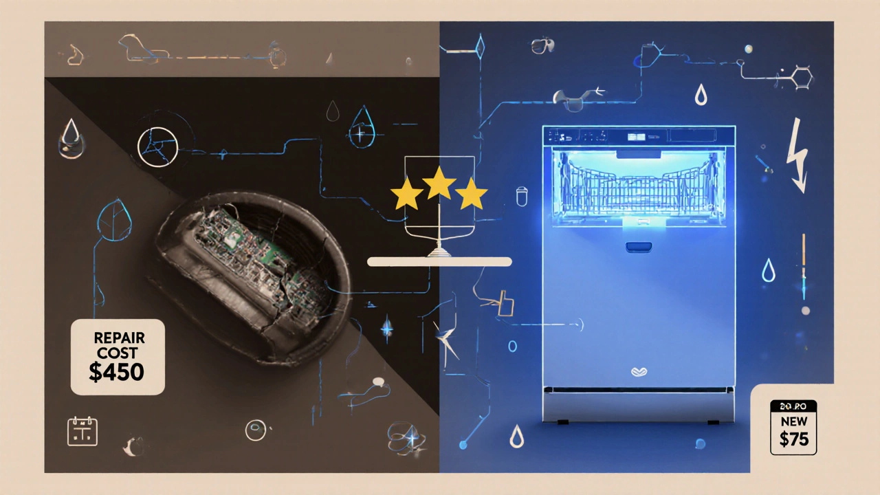 Split image comparing costly repair parts versus new energy-efficient dishwasher with rebate.