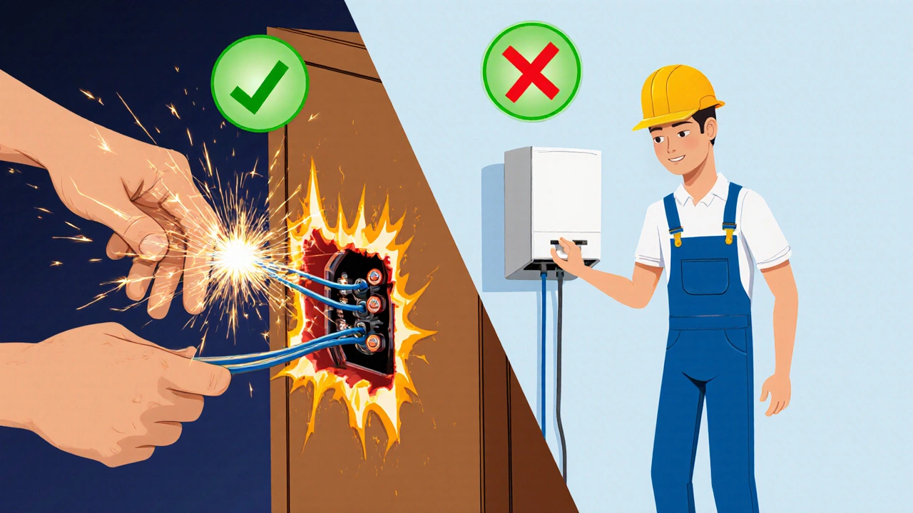 Split image contrasting dangerous DIY electrical work with safe professional installation.