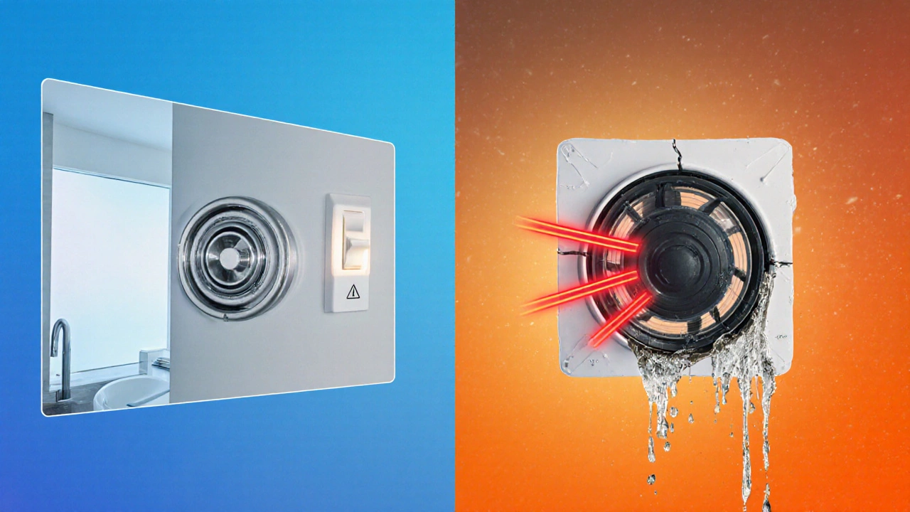 Split-screen comparison: efficient fan vs. failing fan with warning signs.