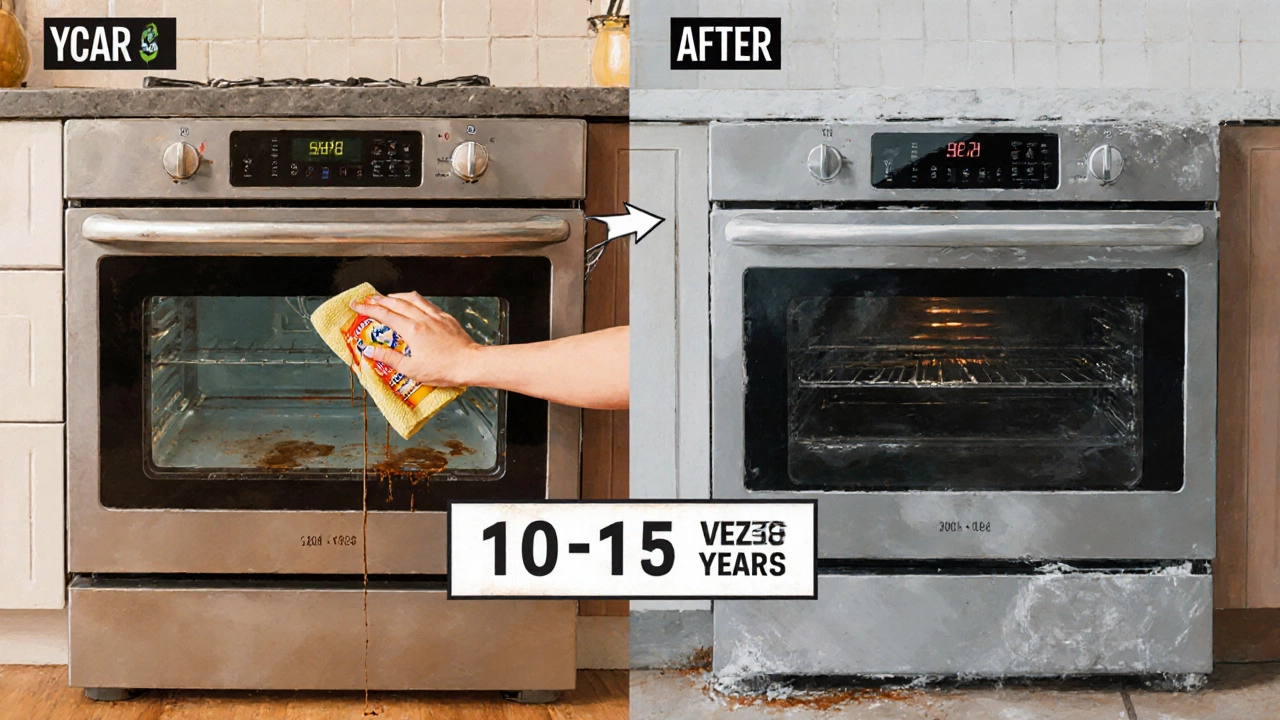 Split-screen comparison of a well-maintained oven versus a neglected one over time.