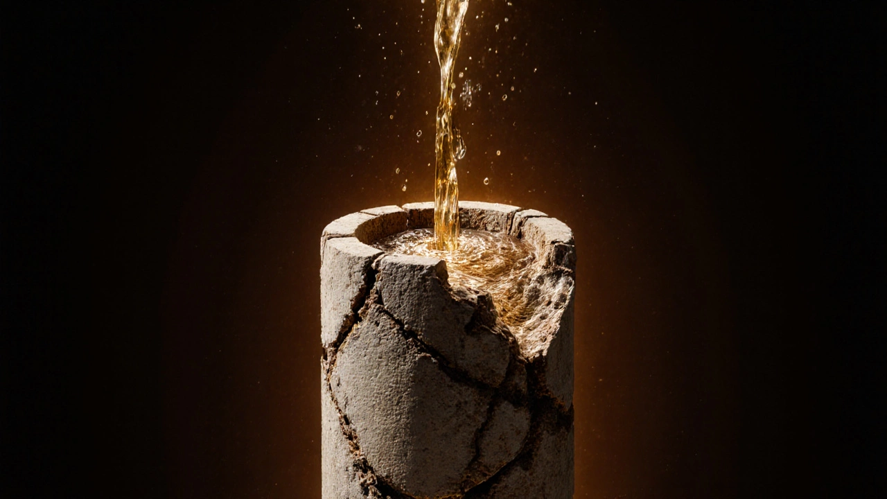 Symbolic image of a corroded water heater being cleaned by a stream of clean water.