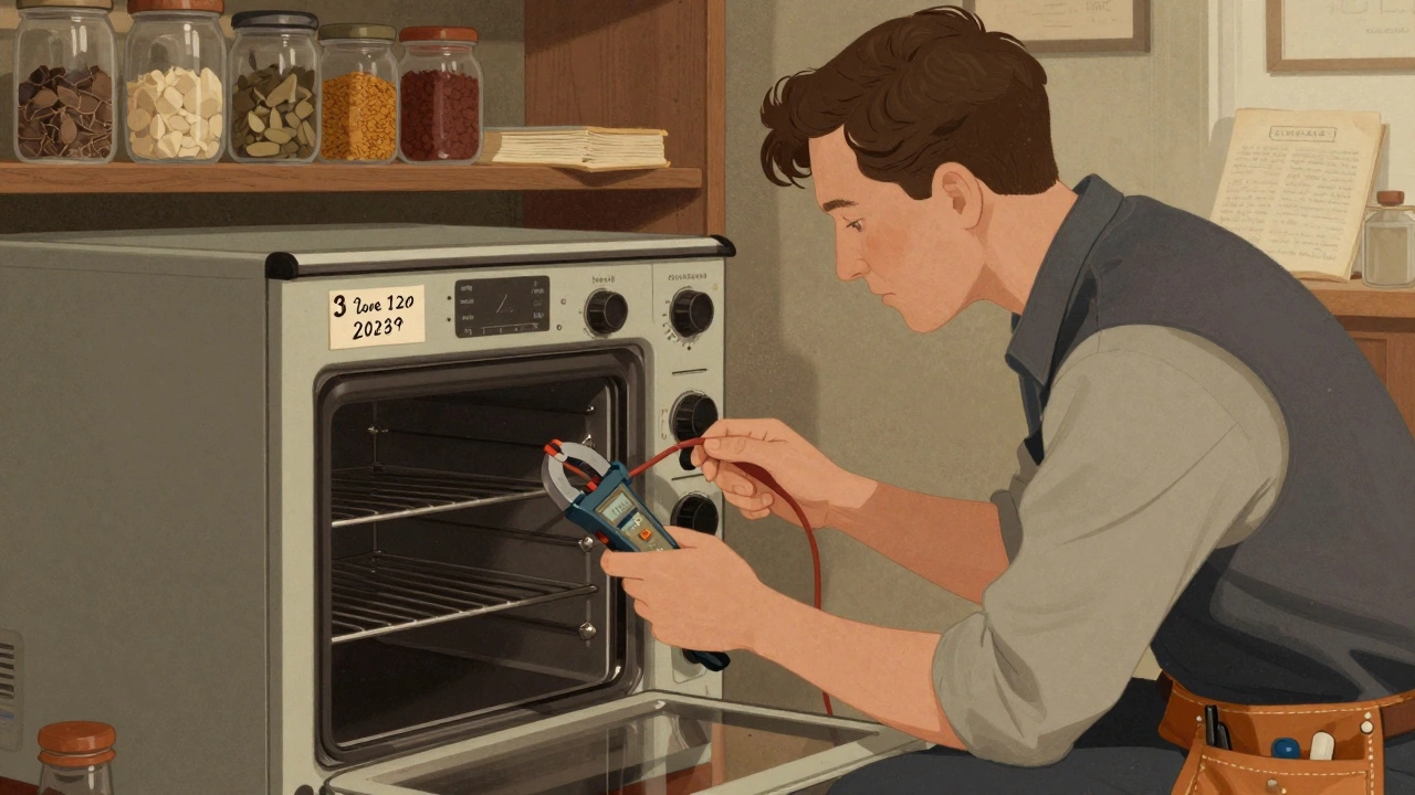 A technician testing an old oven with a clamp meter, model number visible on the door frame.