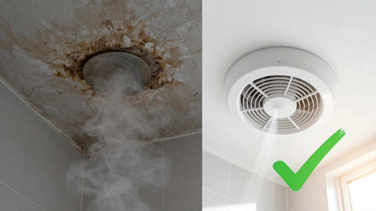 Before and after: mouldy ceiling vs. clean, ventilated bathroom with new fan.