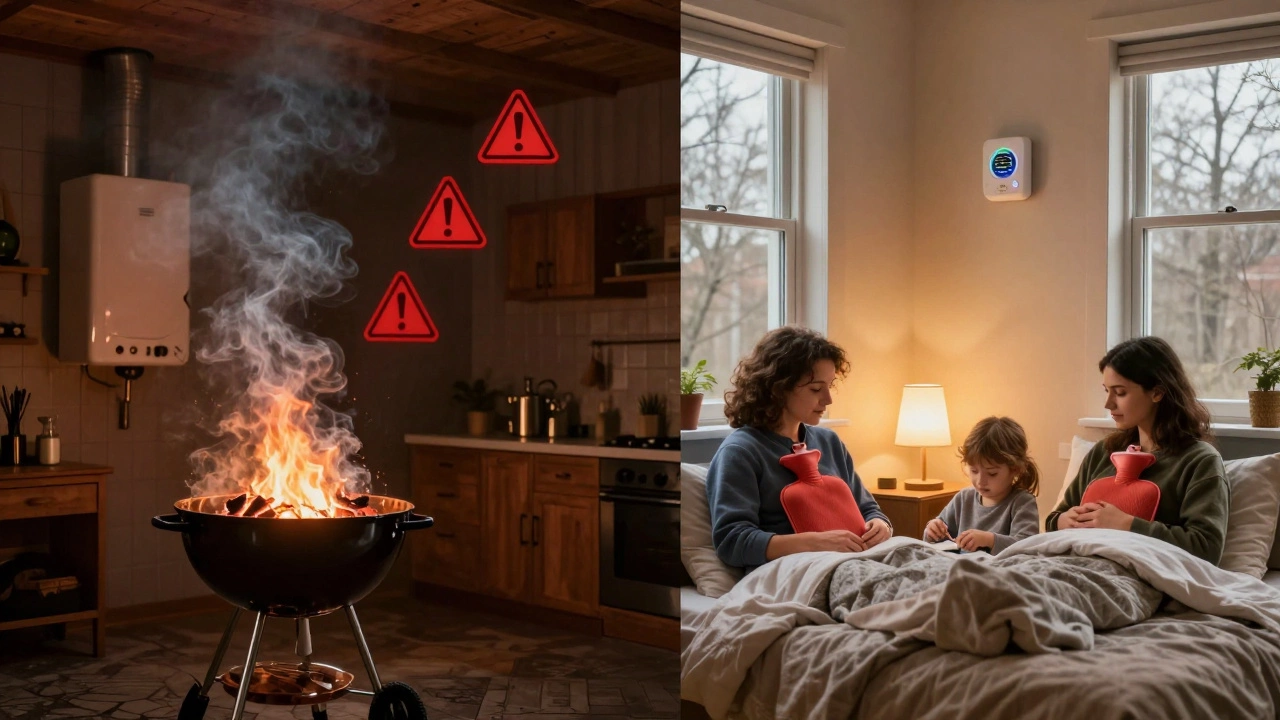 Contrast between dangerous indoor barbecue and safe heating methods with a carbon monoxide detector visible.
