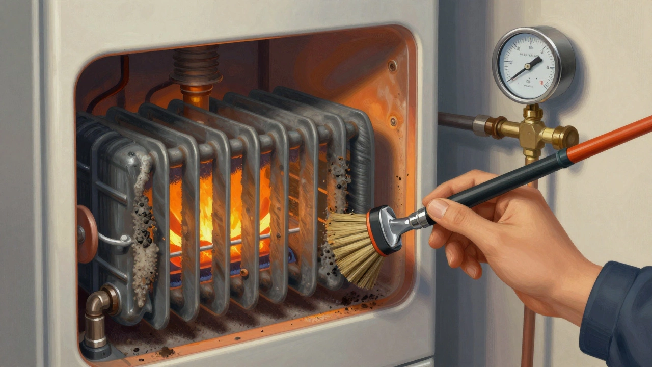 Cross-section of a boiler interior being cleaned, showing soot-covered heat exchanger and tools.