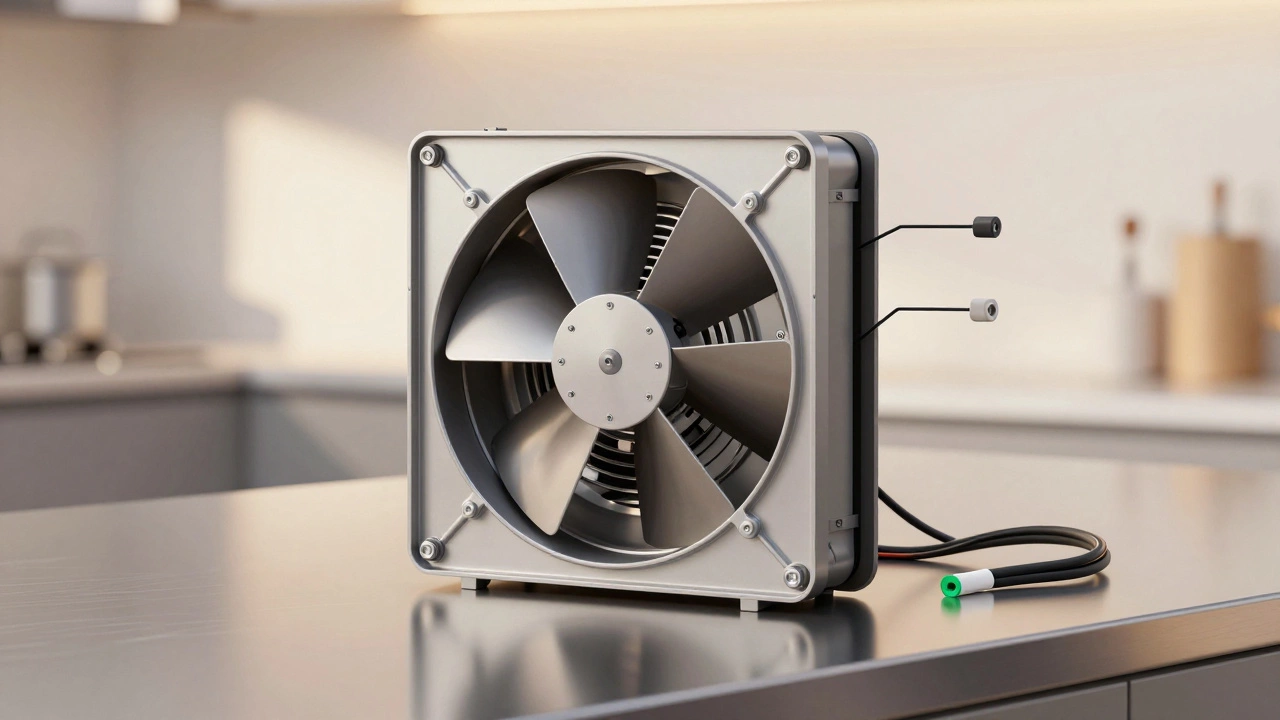 Extractor fan dismantled to reveal motor, wiring, and capacitor inside the housing.