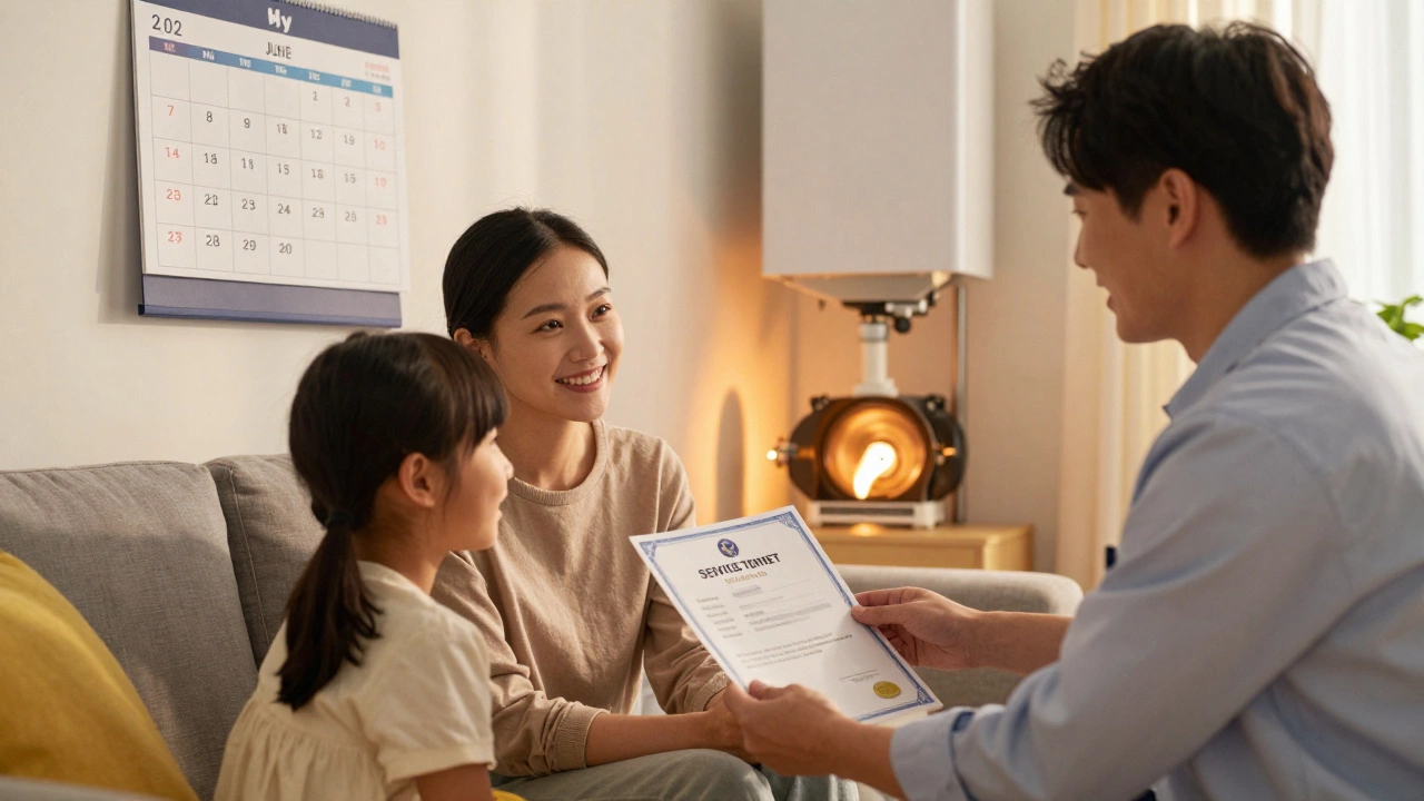 Family receiving a boiler service certificate in their living room during spring.
