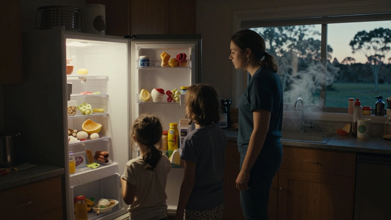 Family staring into a broken fridge with spoiled food at dusk in a kitchen.