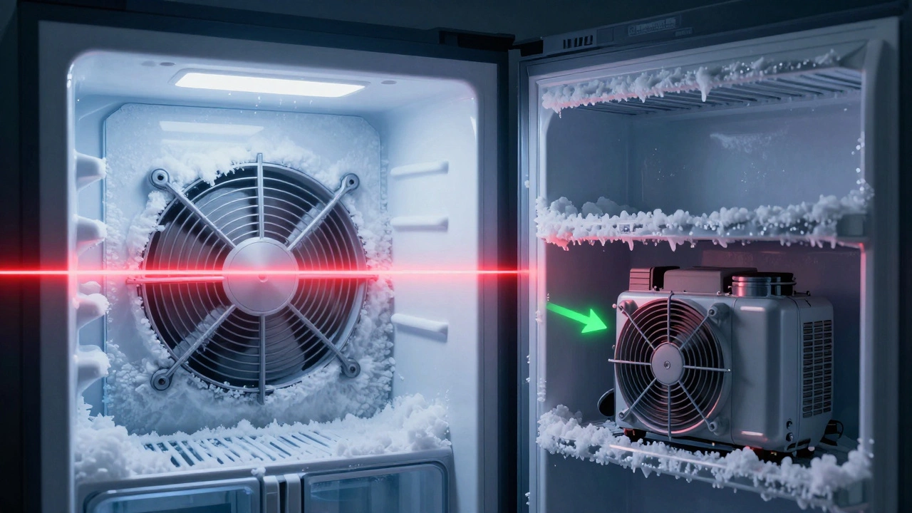 Freezer with ice buildup blocking airflow and compressor running non-stop.