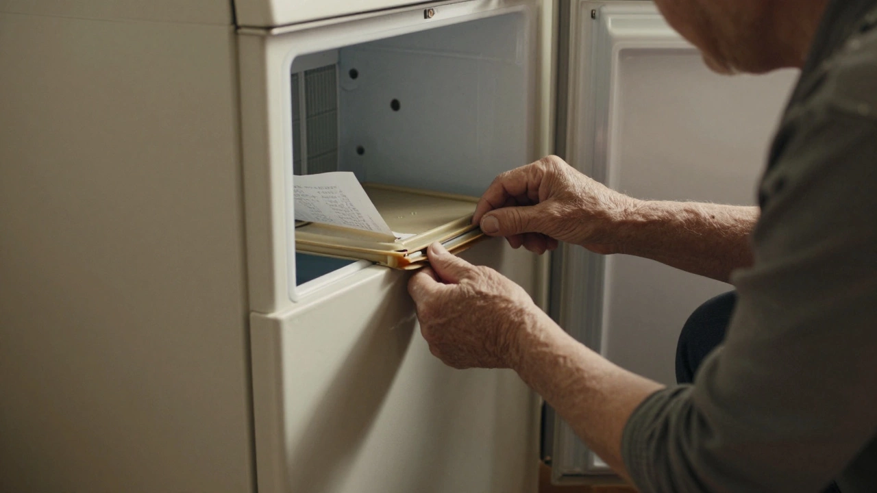 Hand inspecting a cracked freezer door seal with dust on coils behind.