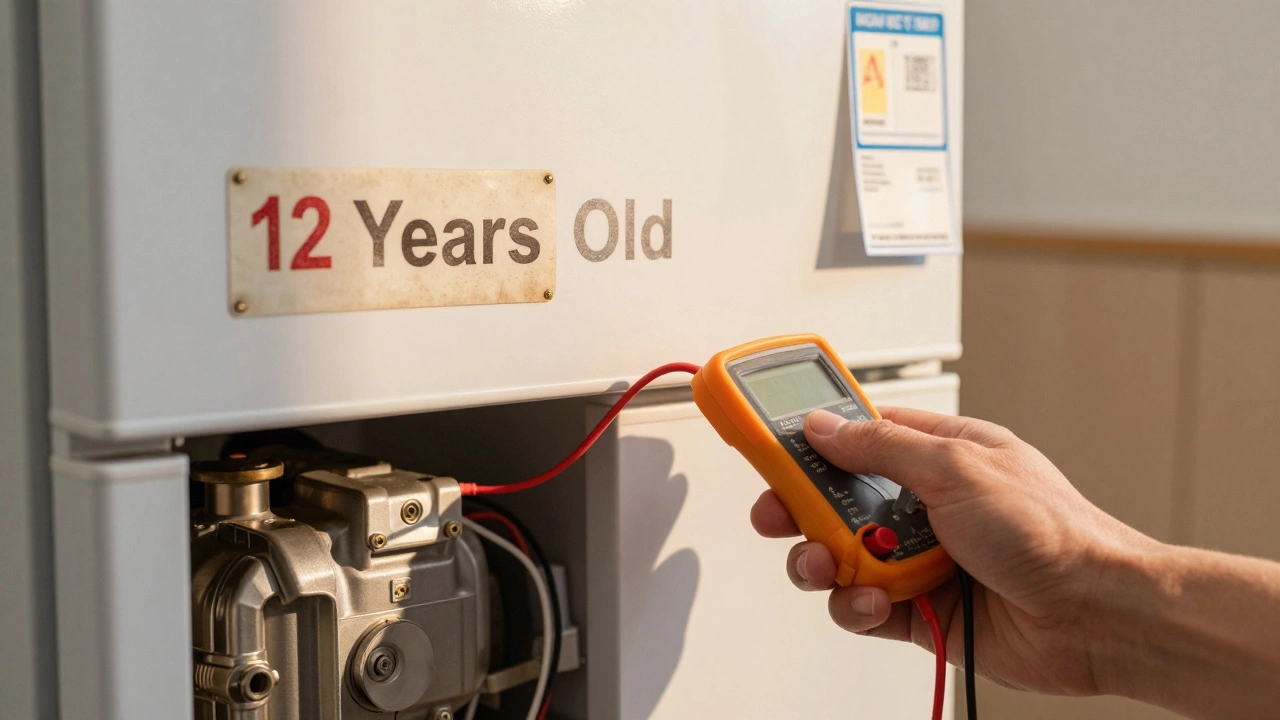 Hand testing freezer compressor with multimeter, old appliance sticker and new model price tag in background.