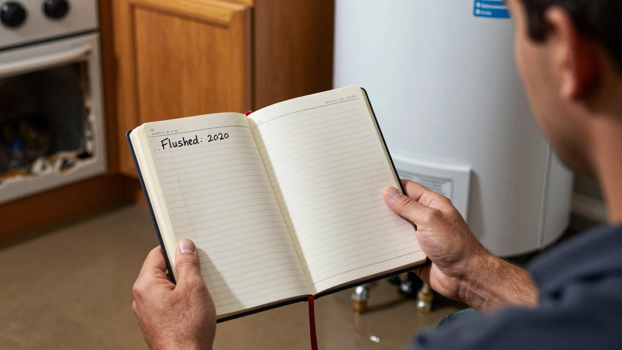 Homeowner holding a maintenance log next to a new water heater, with water damage in background.