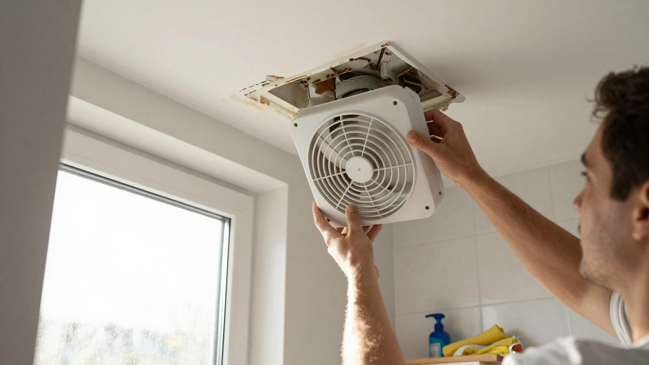 Homeowner replacing an old bathroom extractor fan with a new model in natural light.