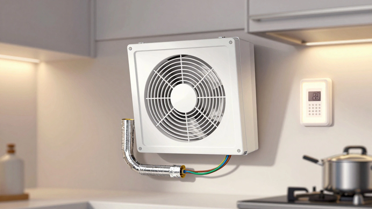Installing a new kitchen extractor fan with proper wiring and sealed metal ducting.