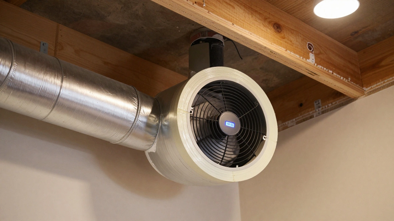 New extractor fan with rigid aluminum duct sealed tightly to a wall, humidity sensor glowing softly.