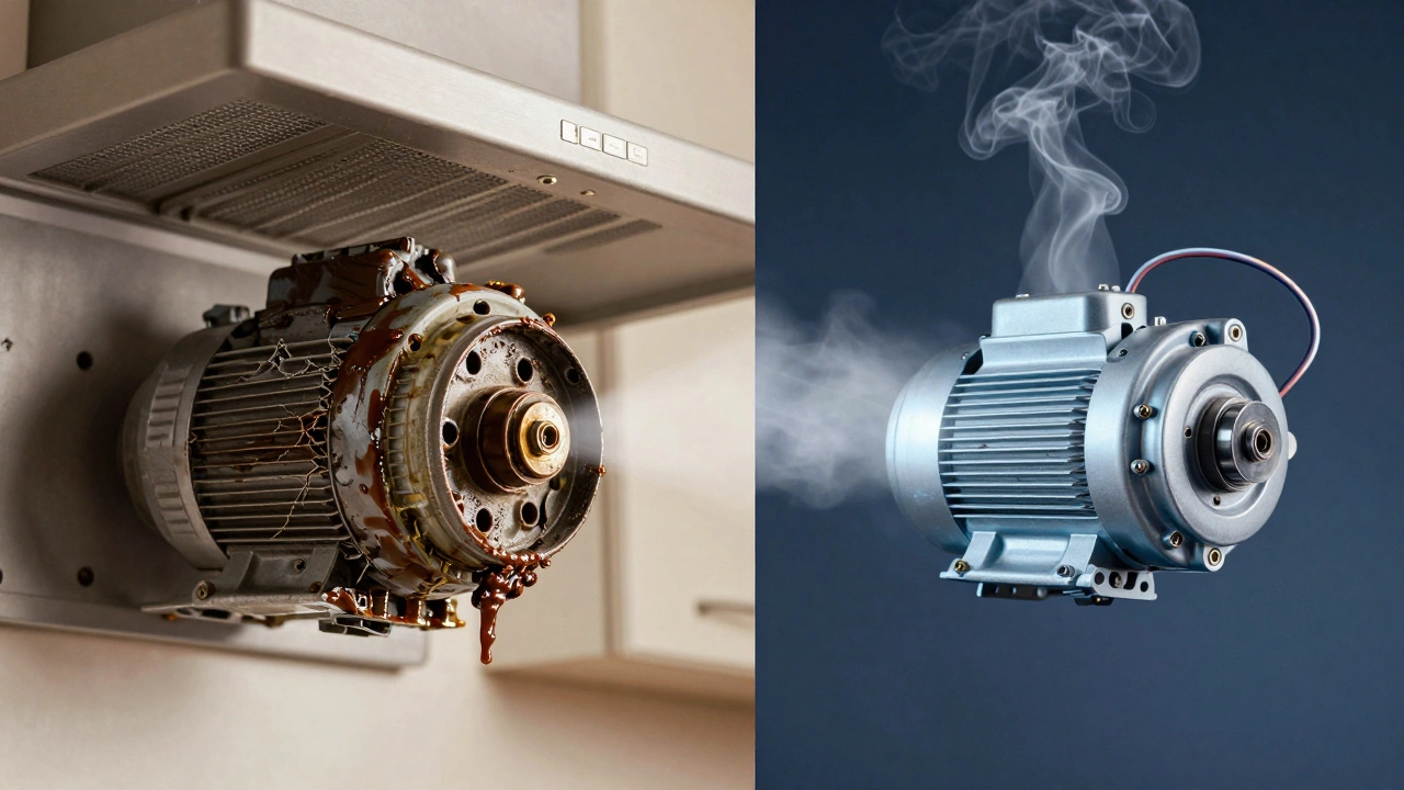 New motor installed in kitchen hood, contrasting old damaged motor with clean replacement.