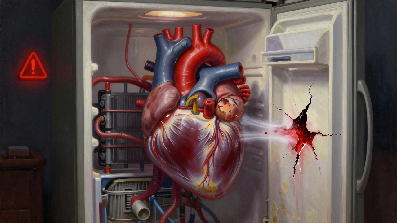 Refrigerator depicted as a human heart with refrigerant veins and failing seals.