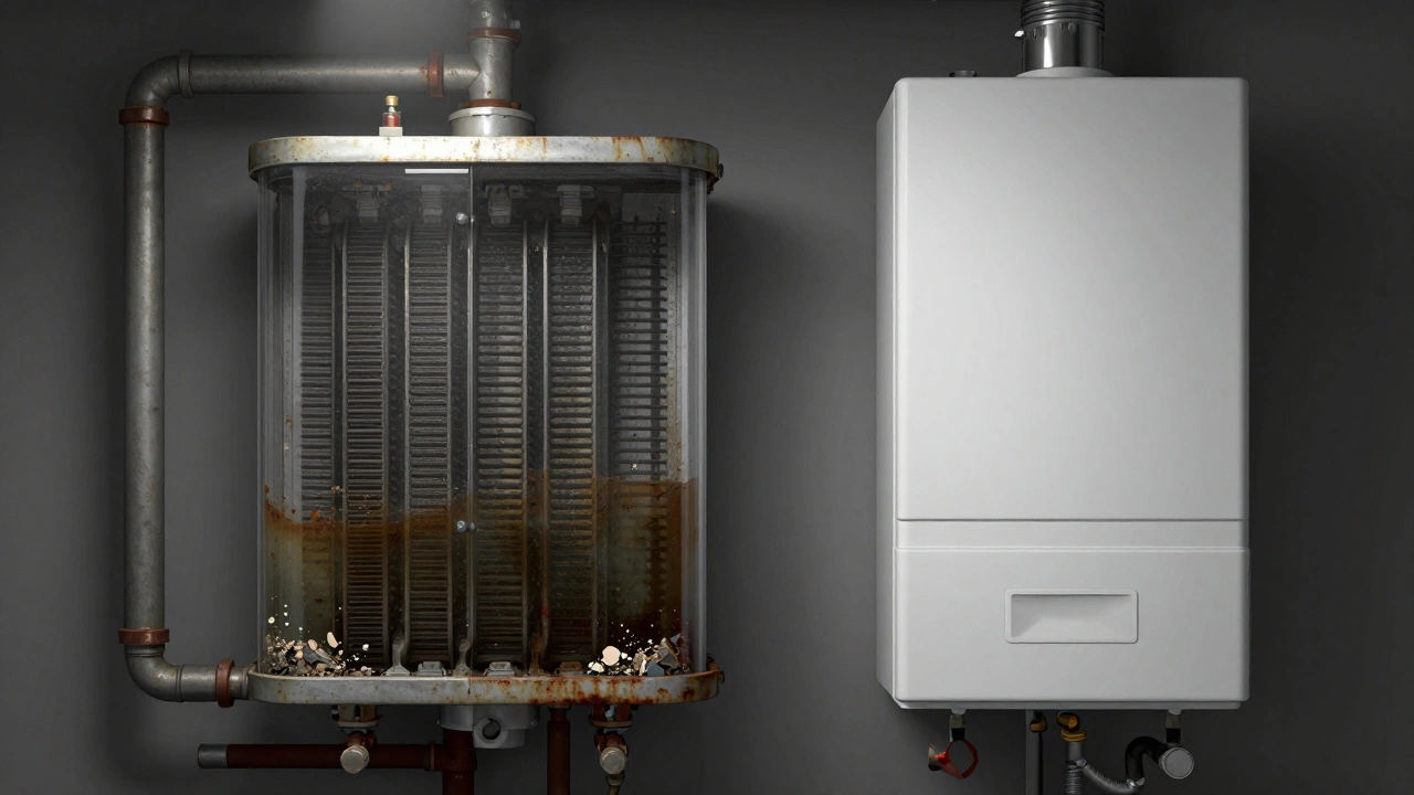 Side-by-side comparison of a dirty boiler heat exchanger versus a clean one after servicing.