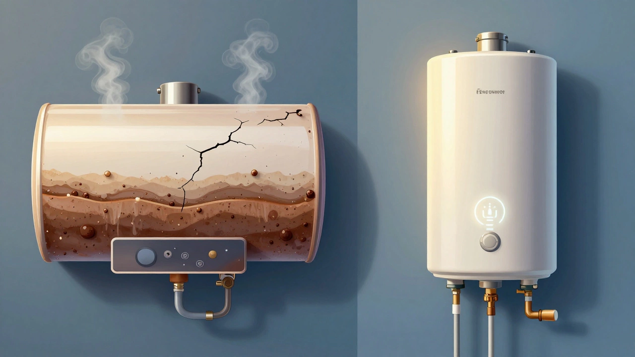 Side-by-side comparison of an old corroded tank heater and a modern tankless unit.