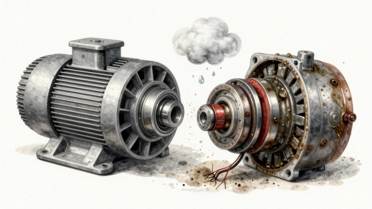 Split illustration showing new vs. degraded internal parts of an extractor fan.