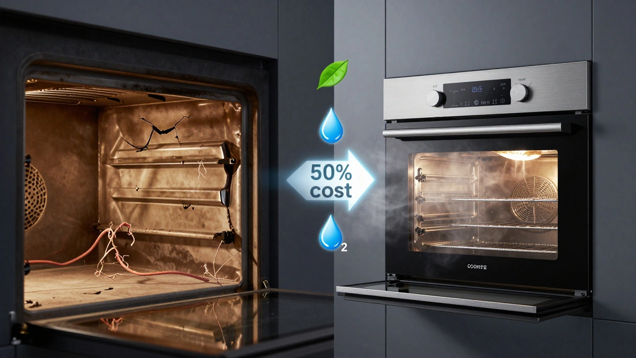 Split image: broken old oven vs modern oven, with cost and environmental icons between them.