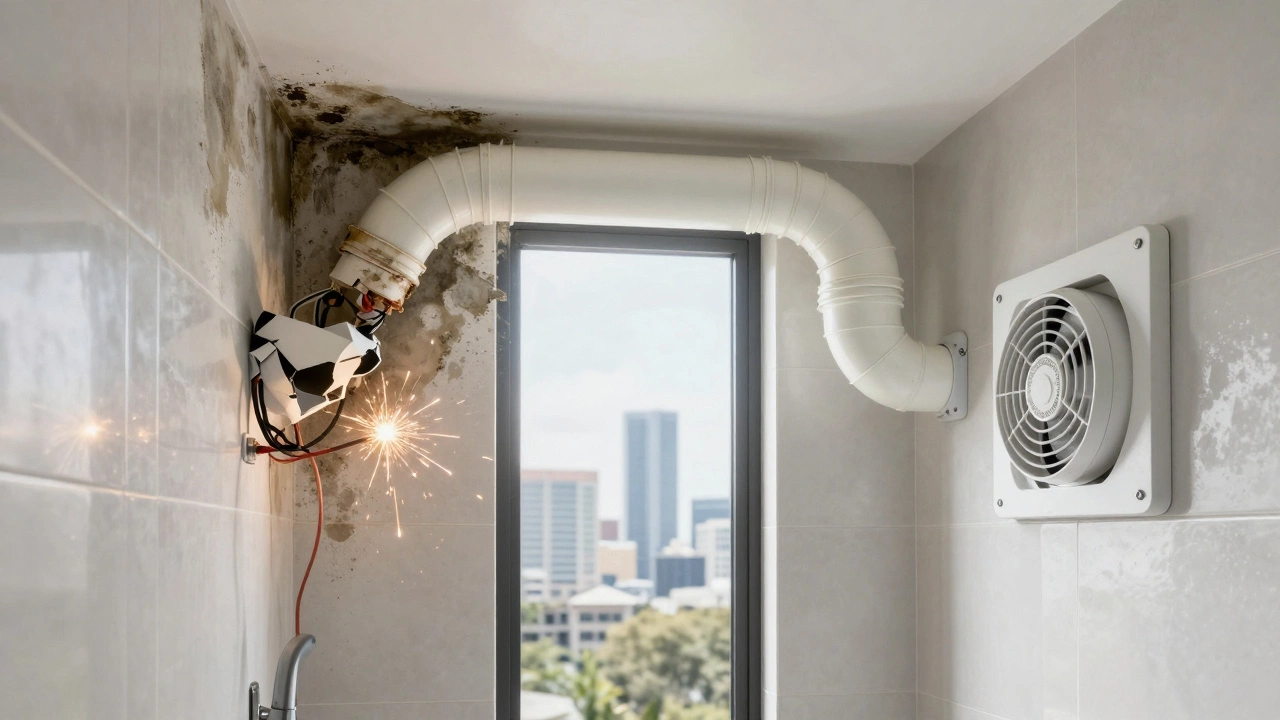 Split image: left shows mold and faulty wiring from bad DIY fan install; right shows clean professional installation.