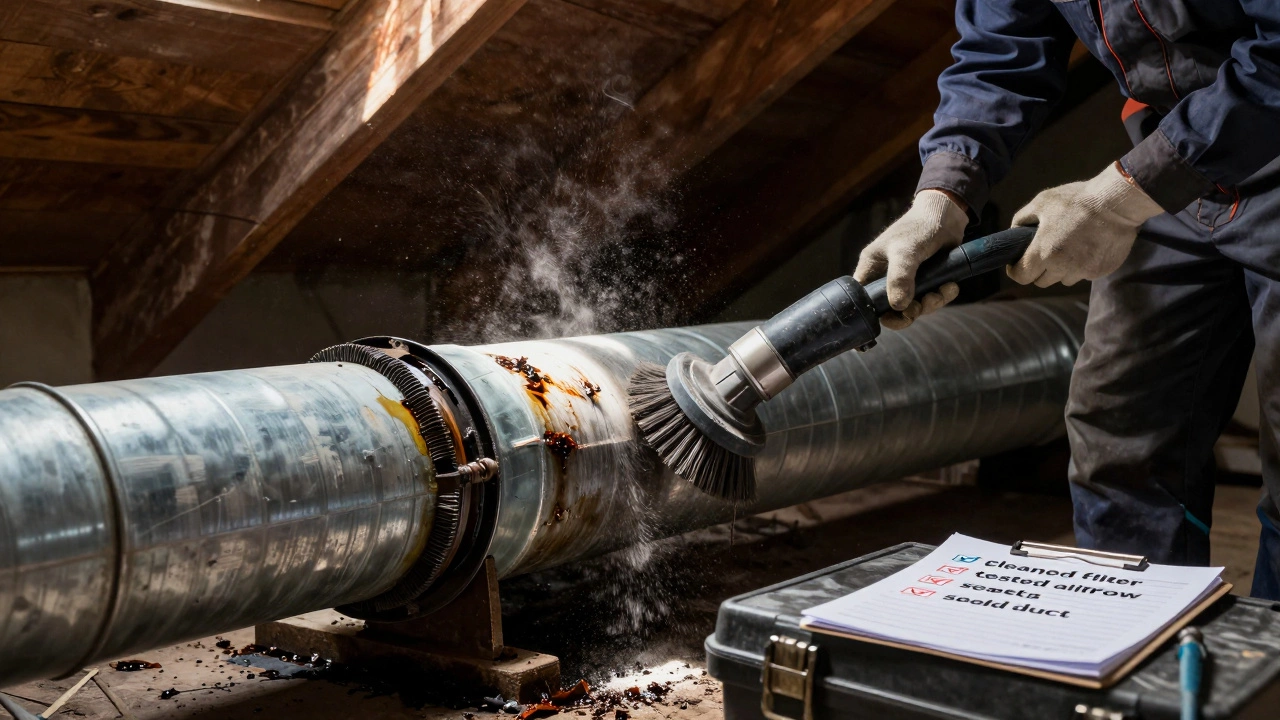 Technician cleaning extractor fan duct in attic with vacuum and brush