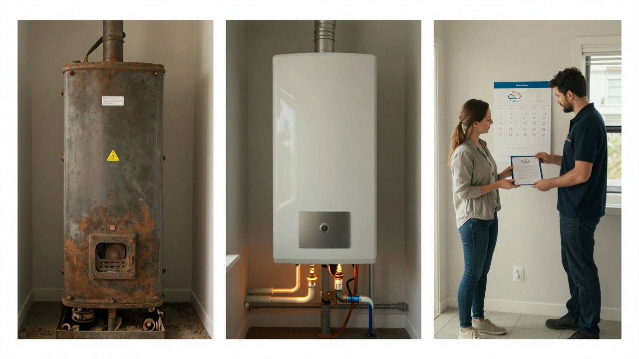 Timeline of boiler replacement: removal, installation, and handover to homeowner.