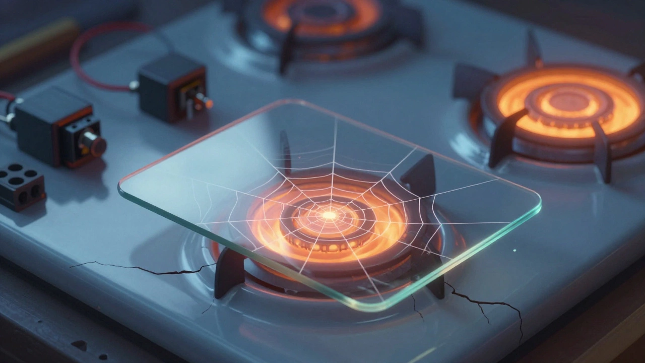 A cracked ceramic hob surface glowing with heat, replacement glass hovering above.
