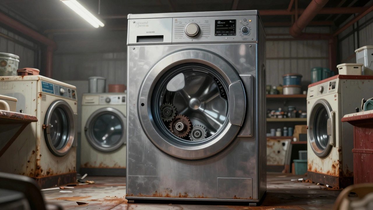 A heavy-duty Speed Queen washing machine with cutaway view of internal components, standing strong among broken appliances.