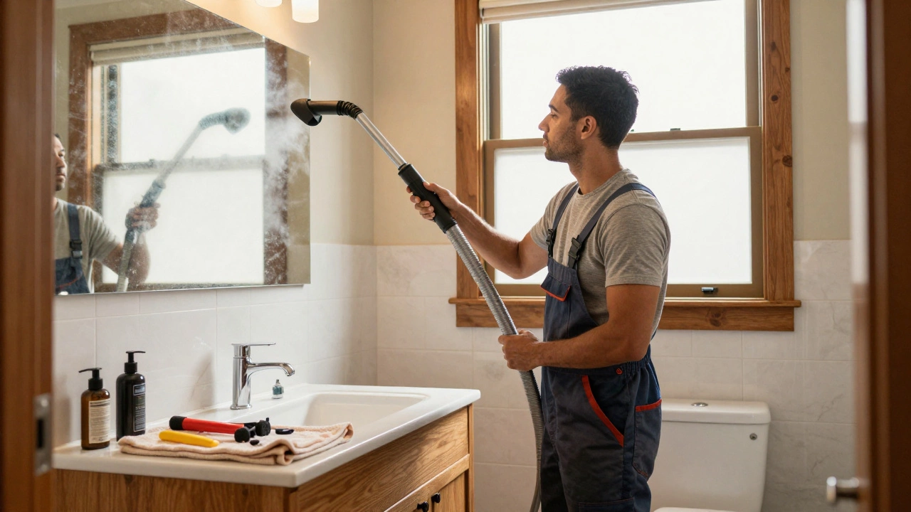 A technician cleaning an extractor fan duct in a bathroom with a foggy mirror in the background.