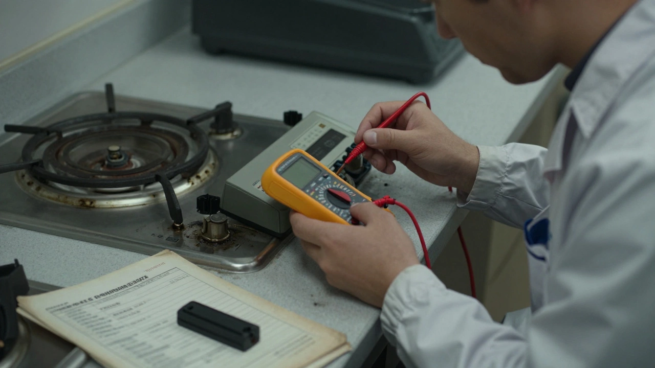 A technician testing an electric hob's control panel with a multimeter on a cluttered counter.