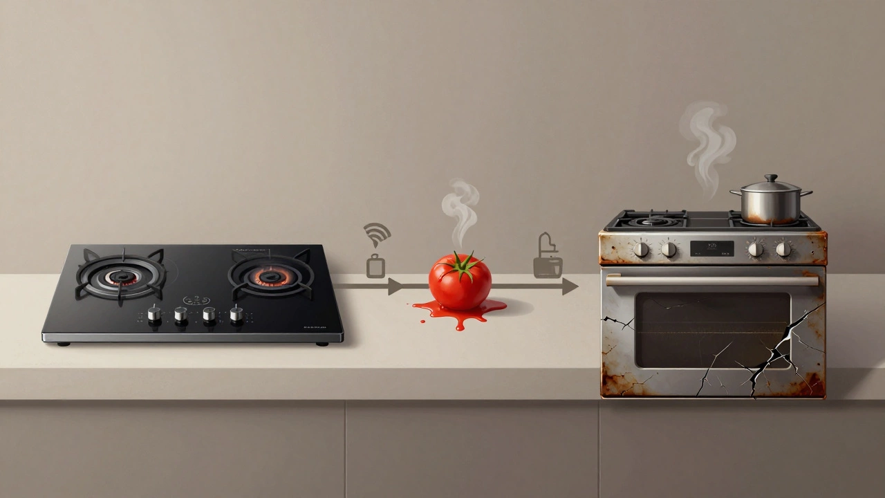 A timeline showing an electric hob aging from new to damaged over 15 years with failure icons.