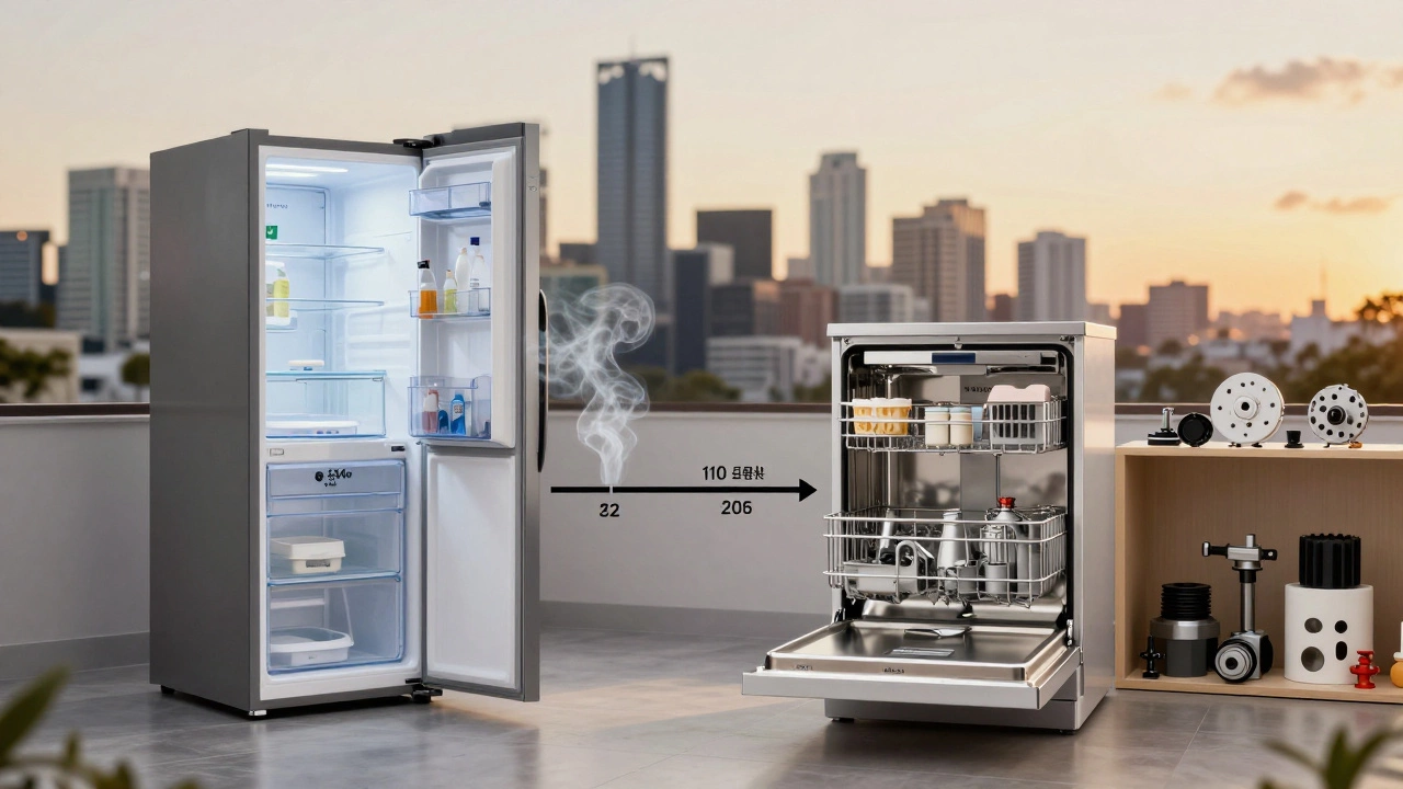 Contrast between a broken budget fridge and a functioning 20-year-old Bosch dishwasher, symbolizing long-term value.