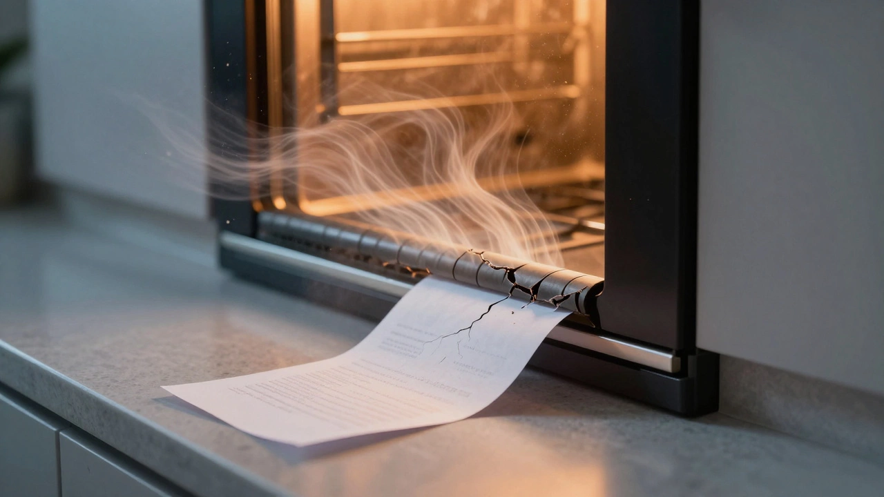 Cracked oven door seal letting heat escape, paper slipping through gap.