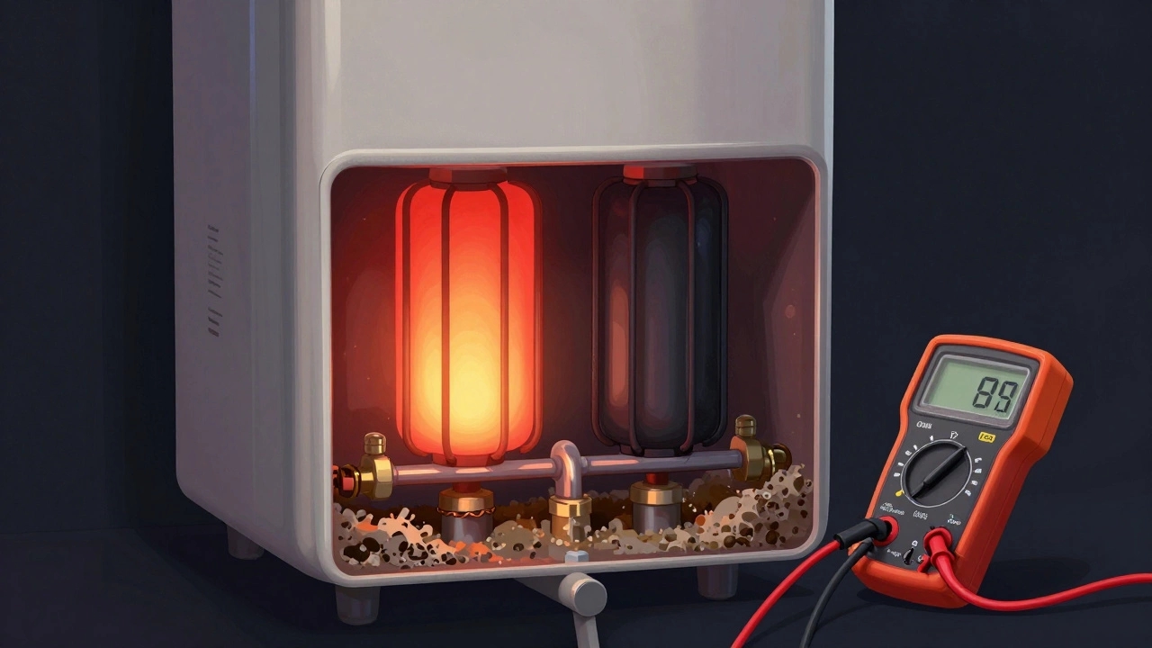 Cutaway view of a water heater with one working heating element and one failed, surrounded by mineral sediment.