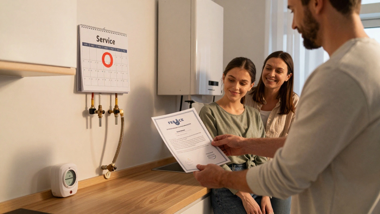 Family receiving a boiler service certificate with boiler visible in background, symbolizing safety and peace of mind.