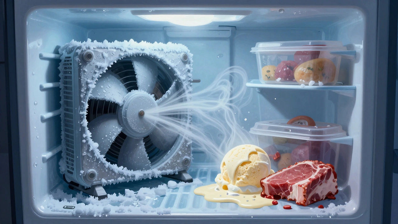 Frozen evaporator fan and melting food inside a freezer, with visible warm air and frost buildup.