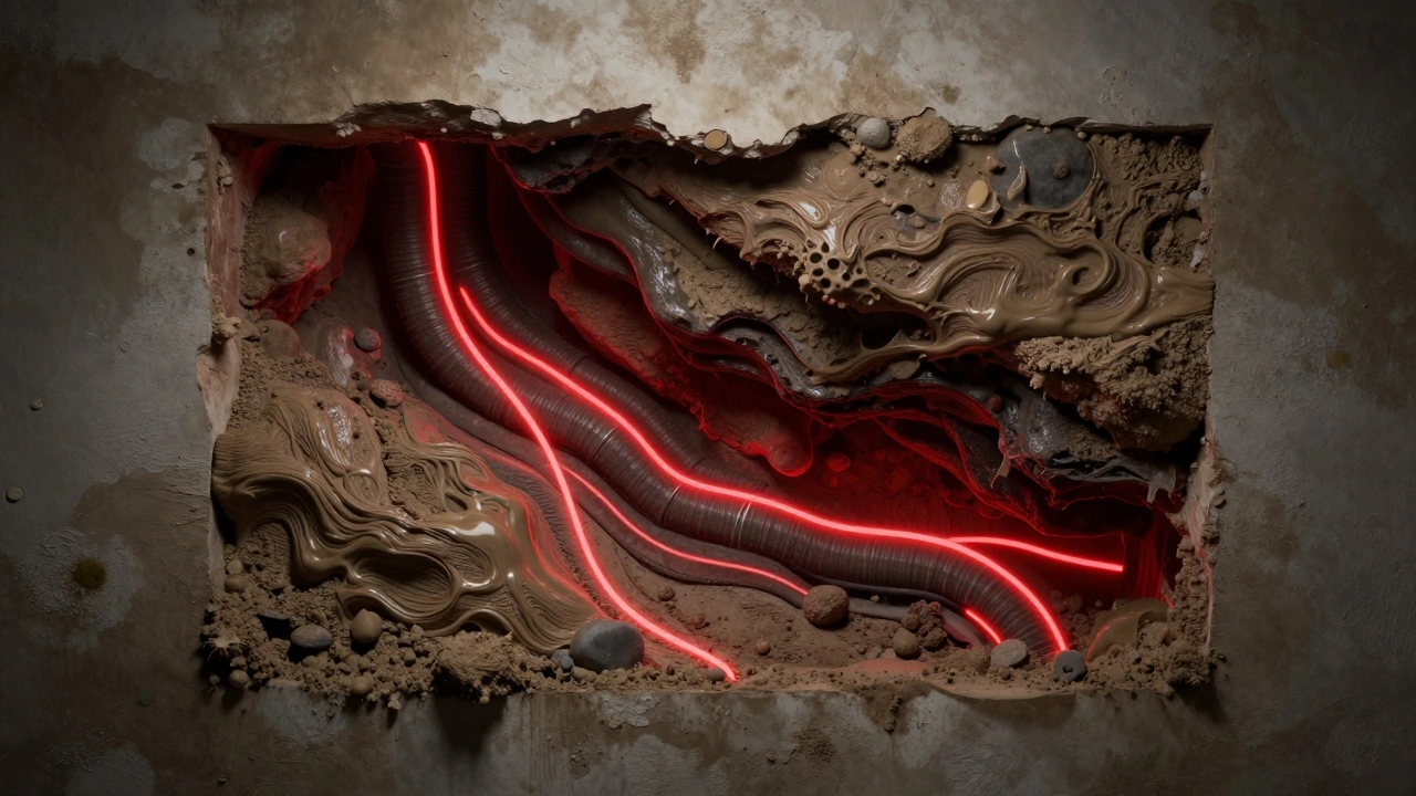 Hidden duct filled with grease and dust, with glowing warning lines showing blocked airflow.