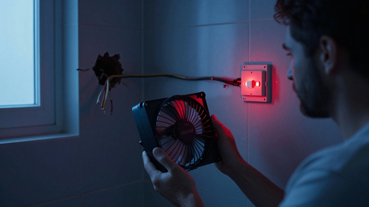 Homeowner facing exposed live wires behind a removed extractor fan, signs of electrical danger.