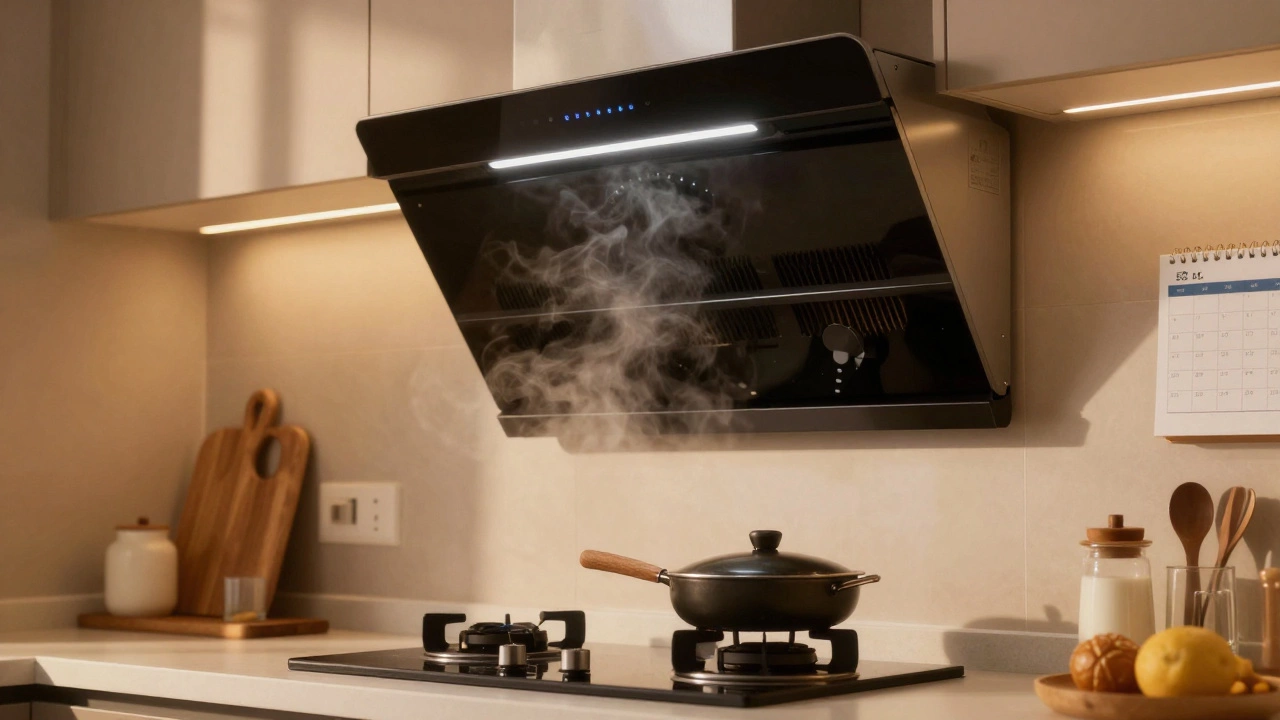 Modern extractor fan running quietly above a kitchen stove with clean air circulation and no steam.