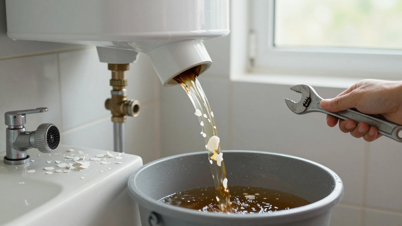 Rusty water draining from a water heater tank with plastic flakes in the stream.