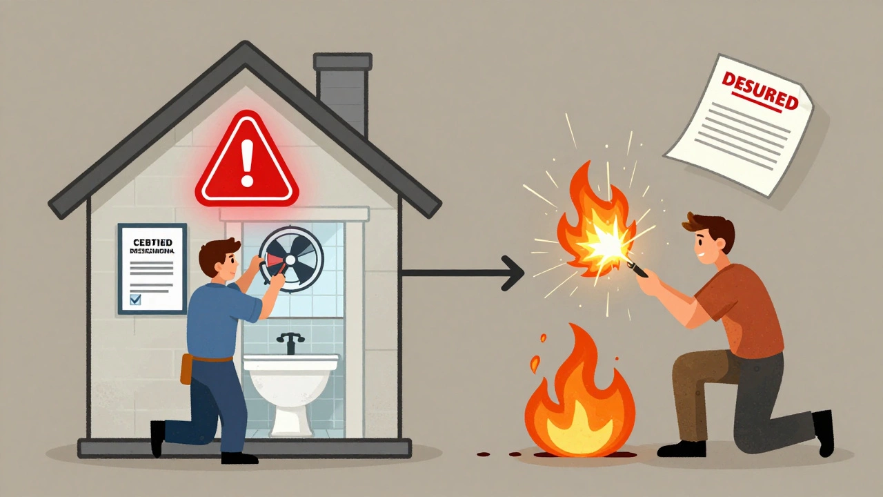 Split image: professional installation with certificate vs DIY fire and insurance denial.