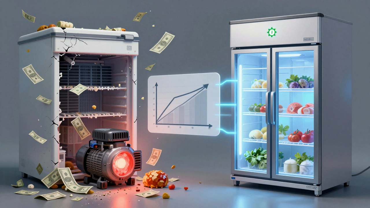 Split-screen: old broken freezer vs new energy-efficient model with cost comparison.