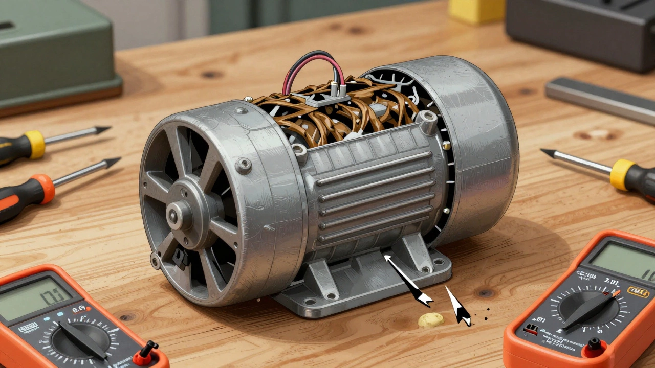 Technical cutaway of an extractor fan motor with a dead capacitor and multimeter showing resistance readings.