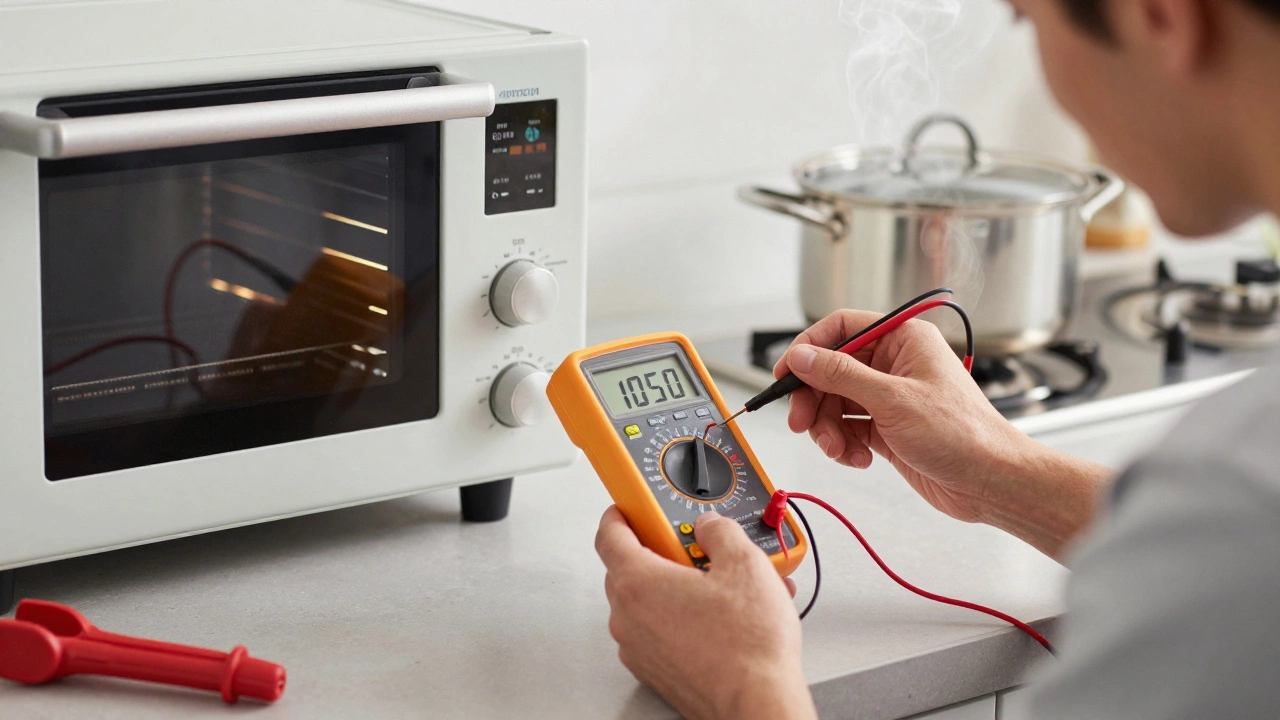 Technician testing oven temperature sensor with multimeter in a kitchen.
