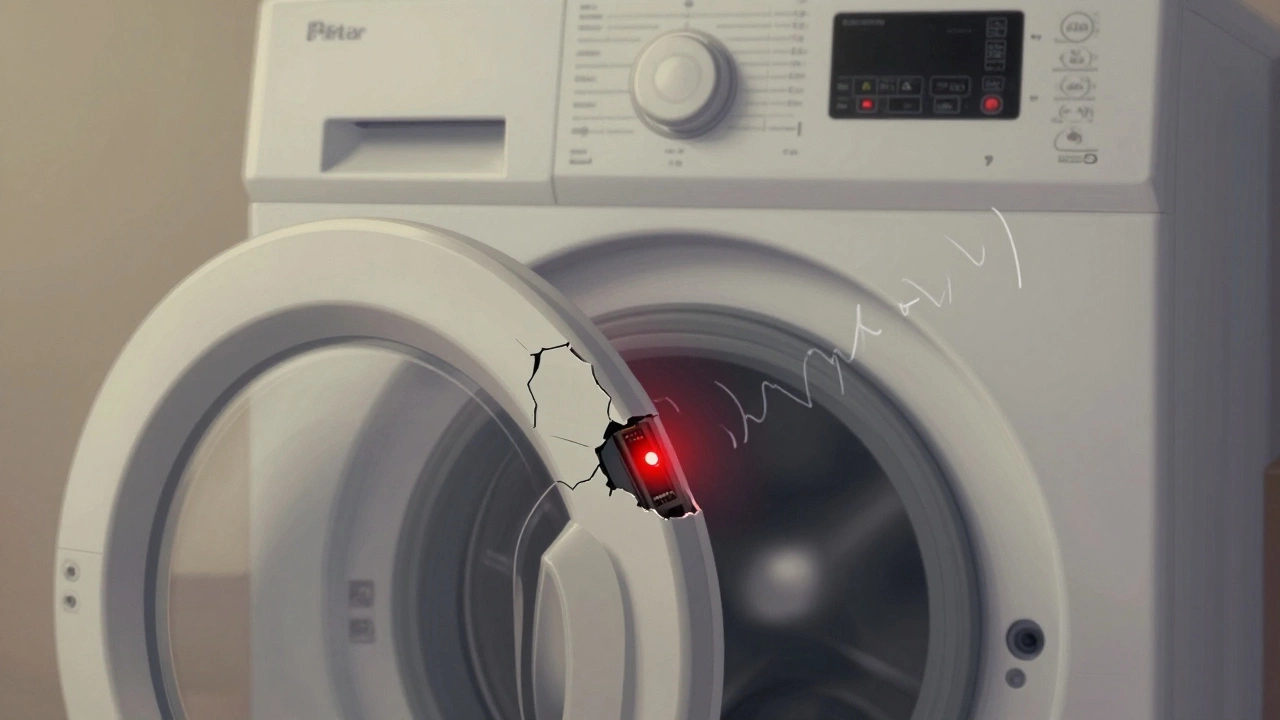 A faulty door lock with cracked plastic and glowing warning lights on the control panel.